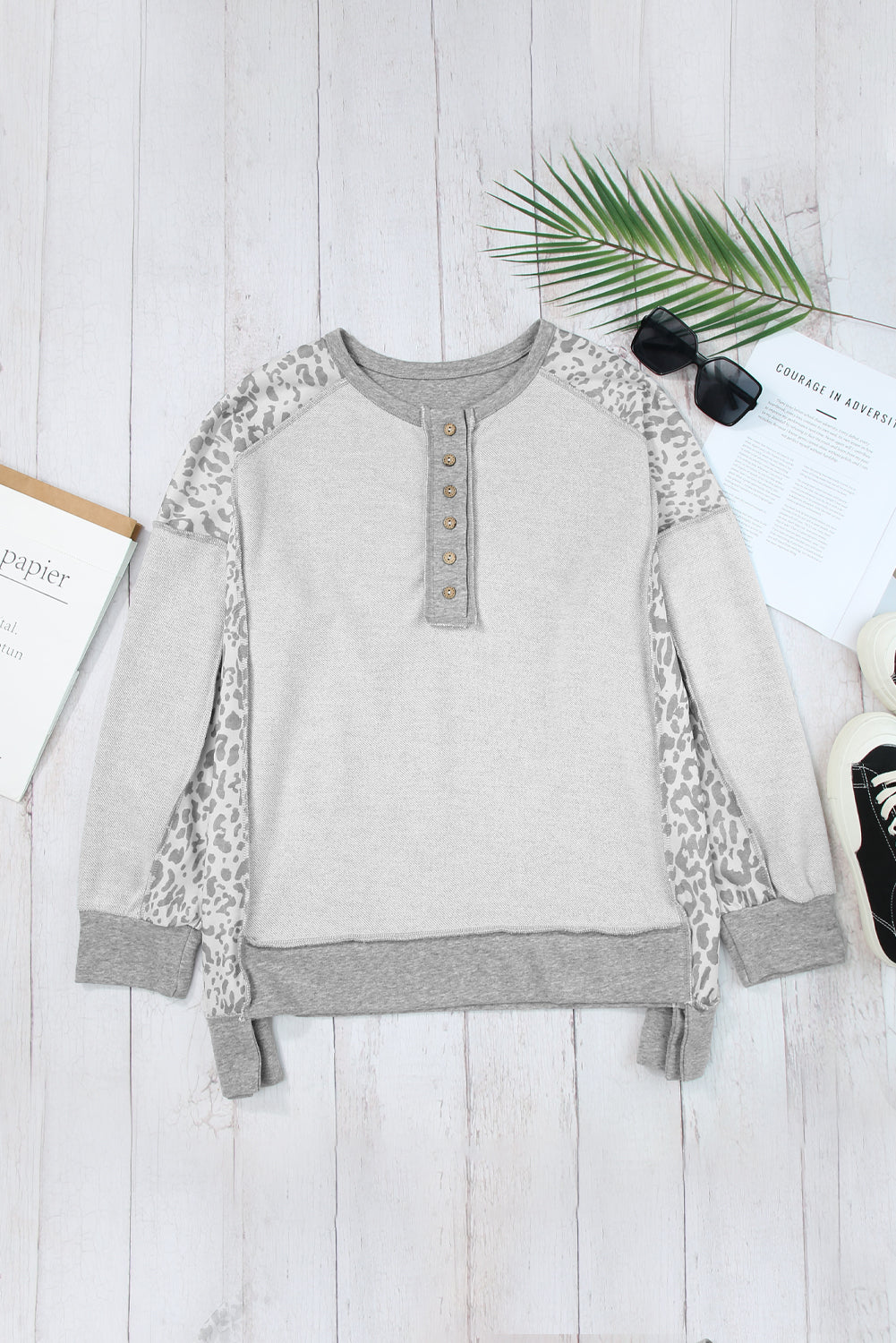 Exposed Seam Leopard Long Sleeve Sweatshirt Trendsi