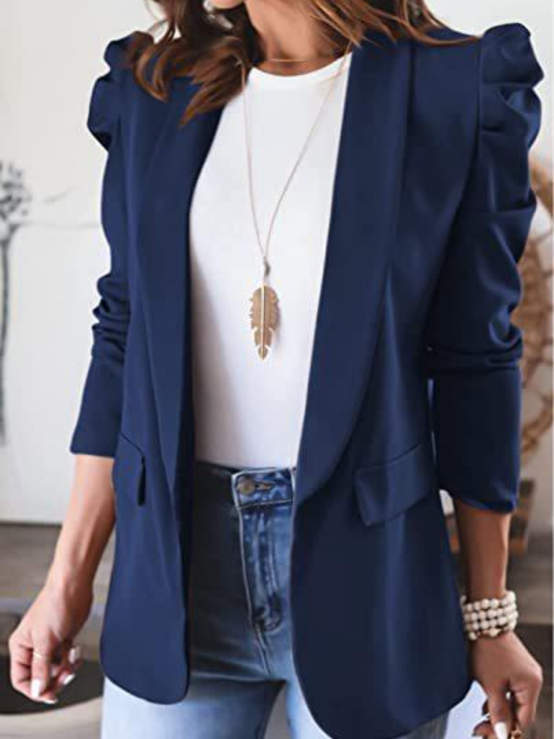 Collared Neck Puff Sleeve Blazer Trendsi