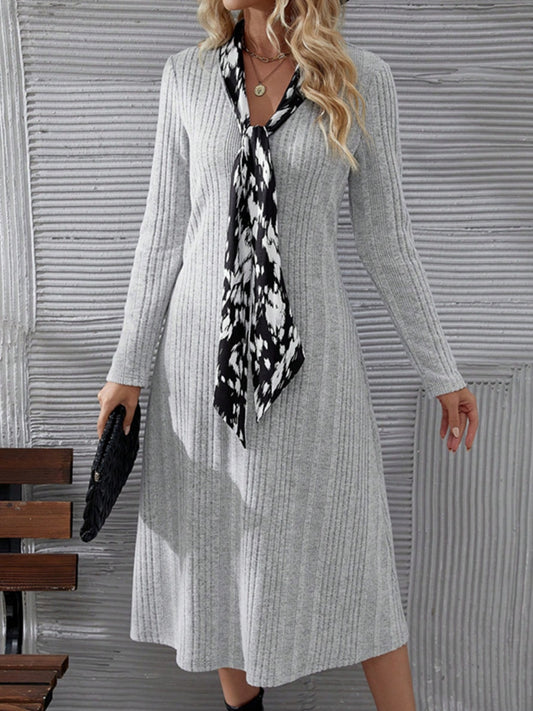 V-Neck Long Sleeve Midi Dress Trendsi