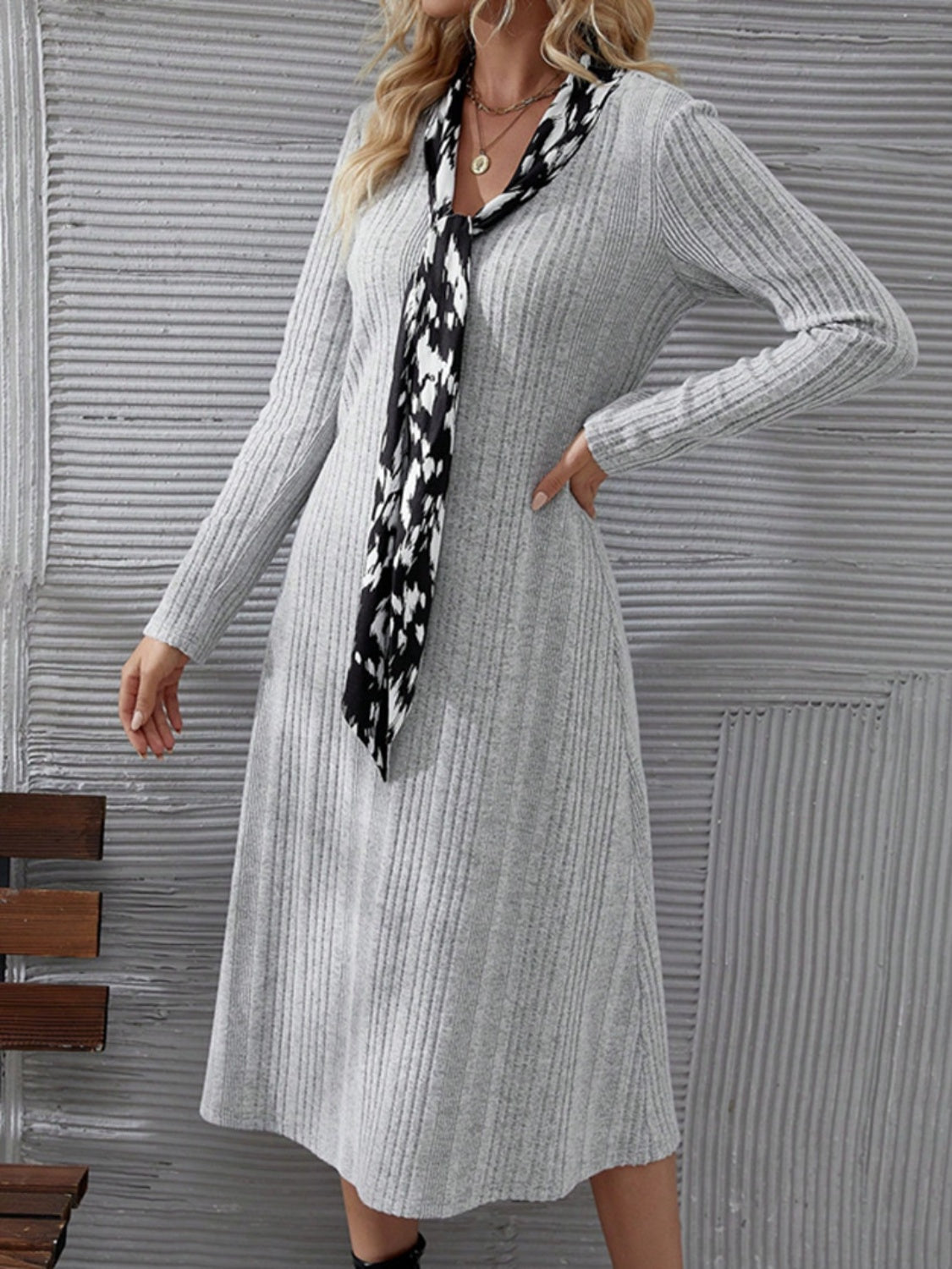 V-Neck Long Sleeve Midi Dress Trendsi