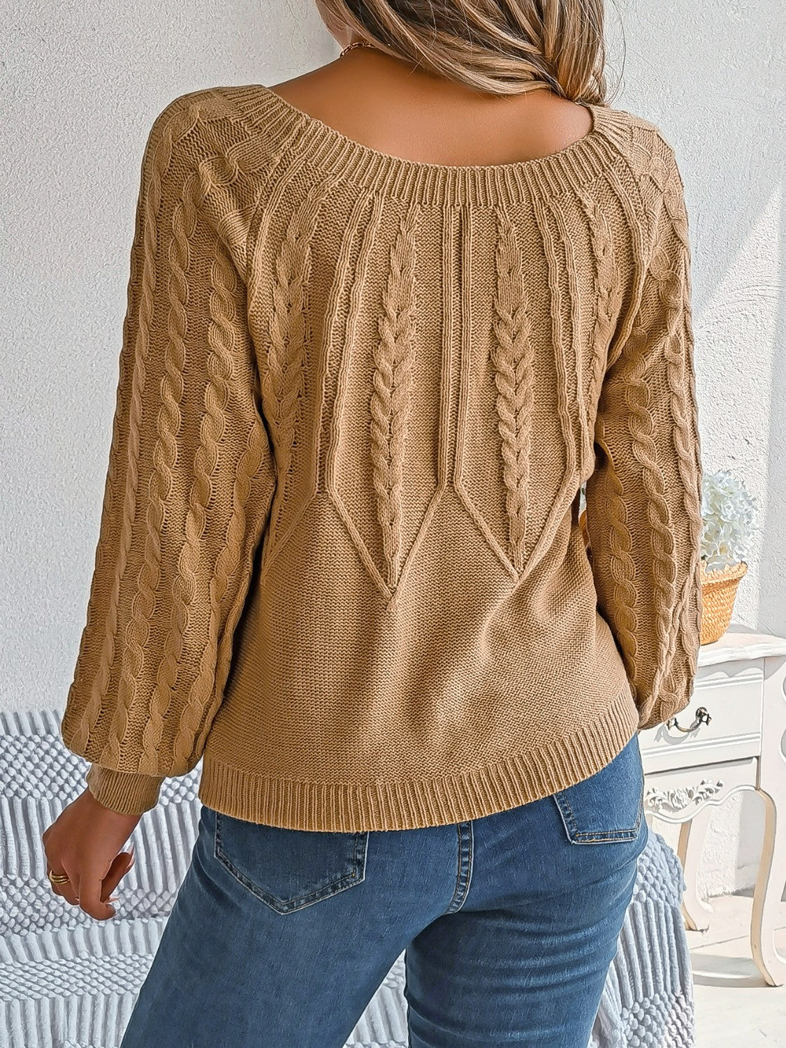 Cable-Knit Round Neck Long Sleeve Sweater Trendsi