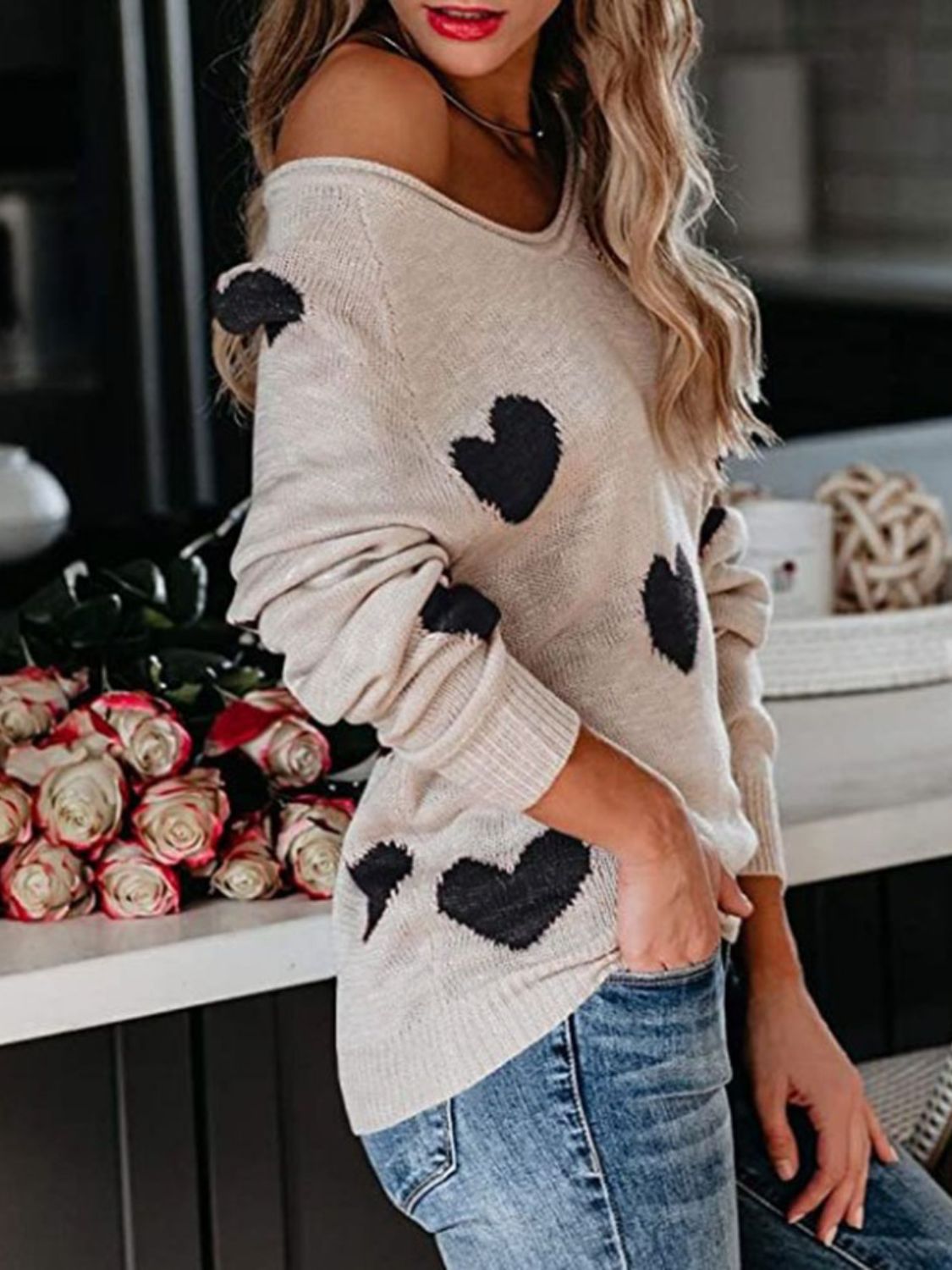 Heart Scoop Neck Long Sleeve Sweater Trendsi