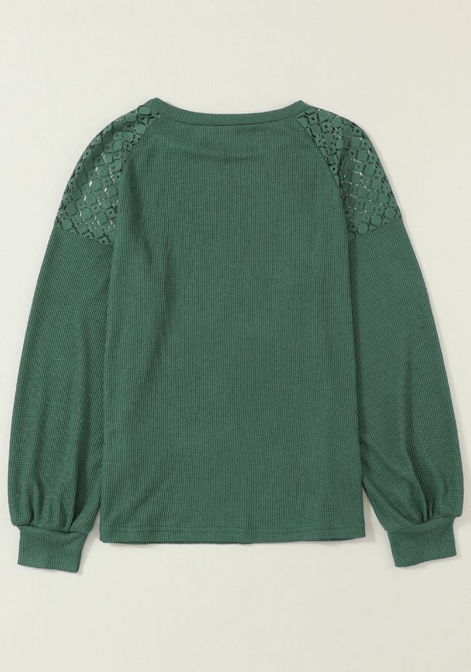 Lace Detail Round Neck Lantern Sleeve Top Trendsi