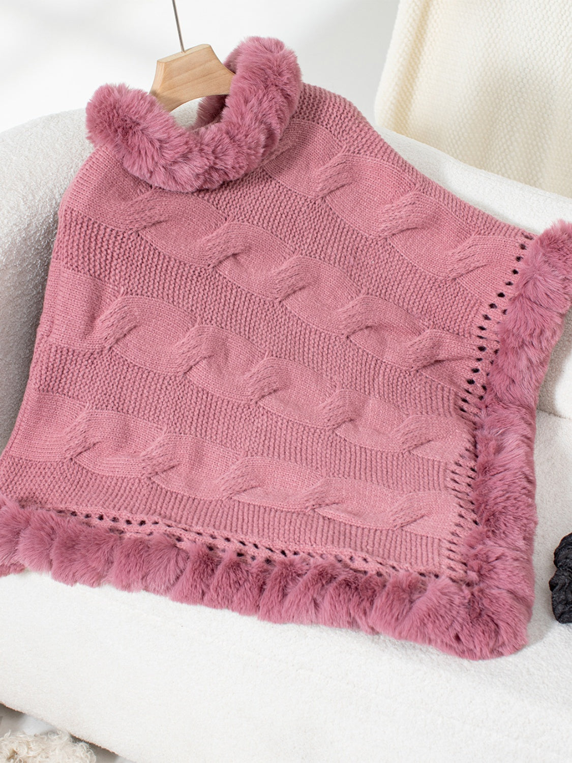 Fuzzy Hem Cable-Knit Poncho Trendsi
