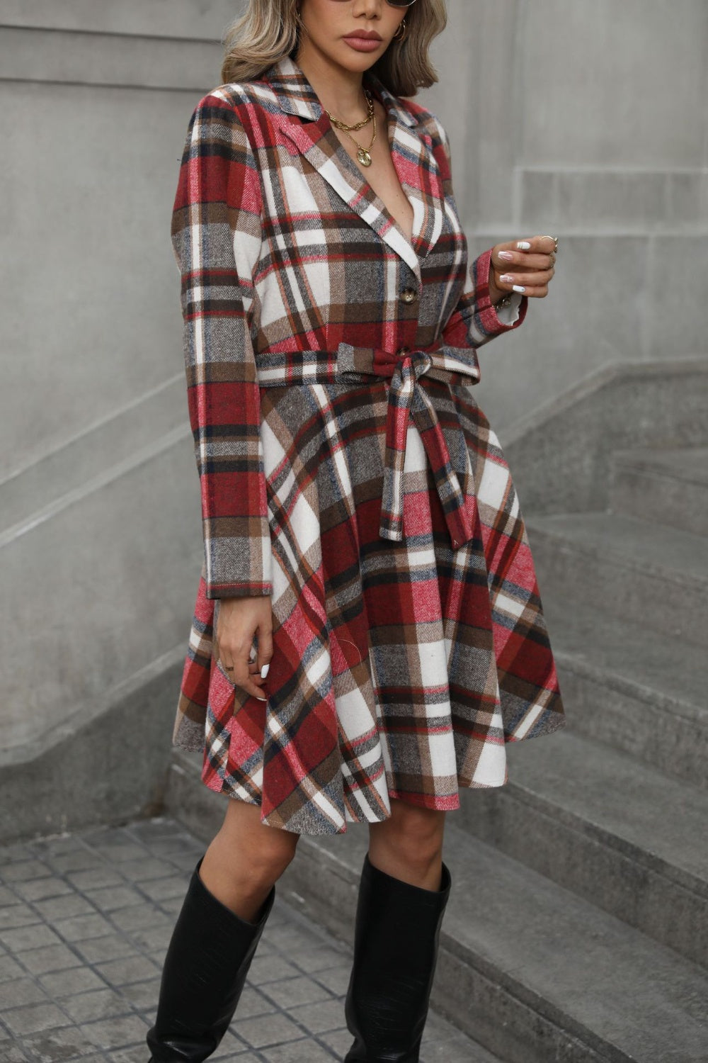 Plaid Tie Waist Long Sleeve Outerwear Trendsi