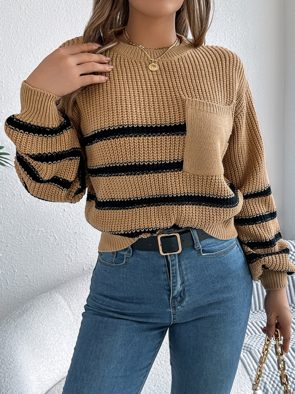 Striped Round Neck Long Sleeve Sweater Trendsi