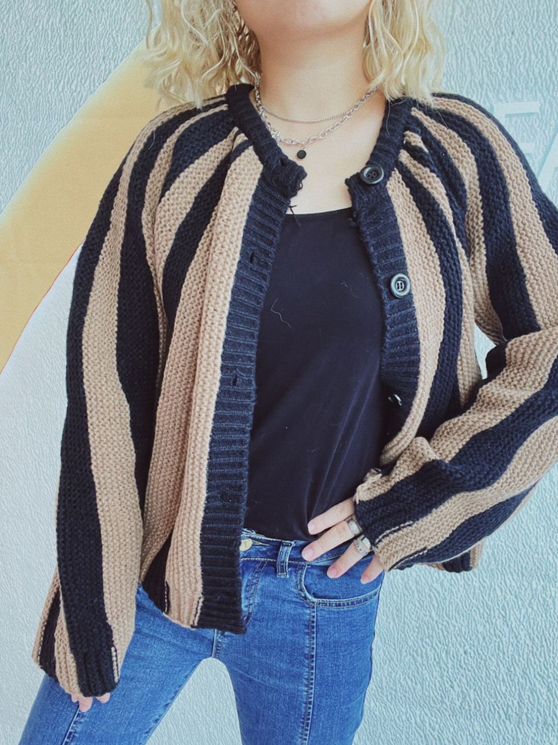 Contrast Stripes Button Down Long Sleeve Cardigan Trendsi