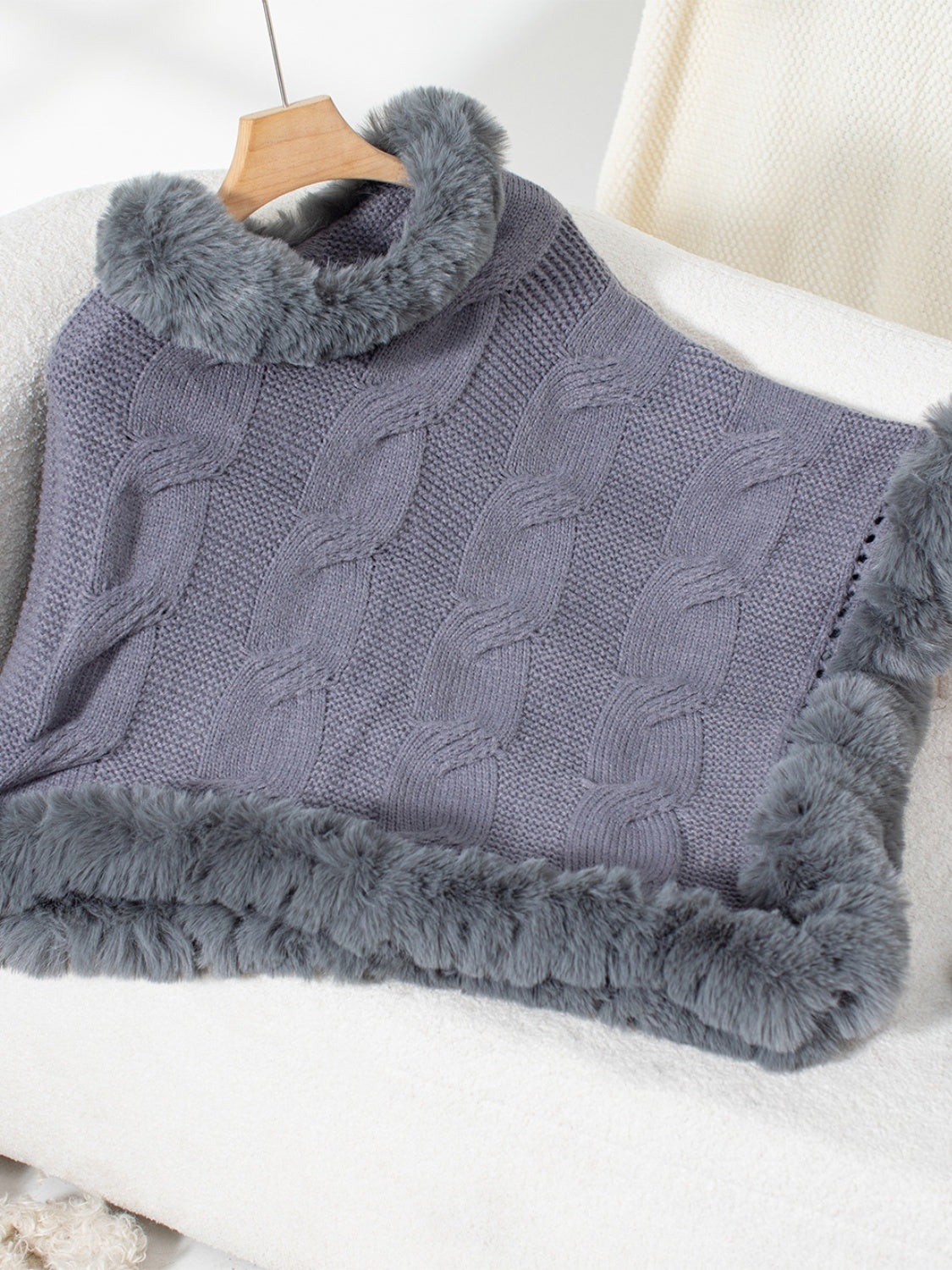 Fuzzy Hem Cable-Knit Poncho Trendsi