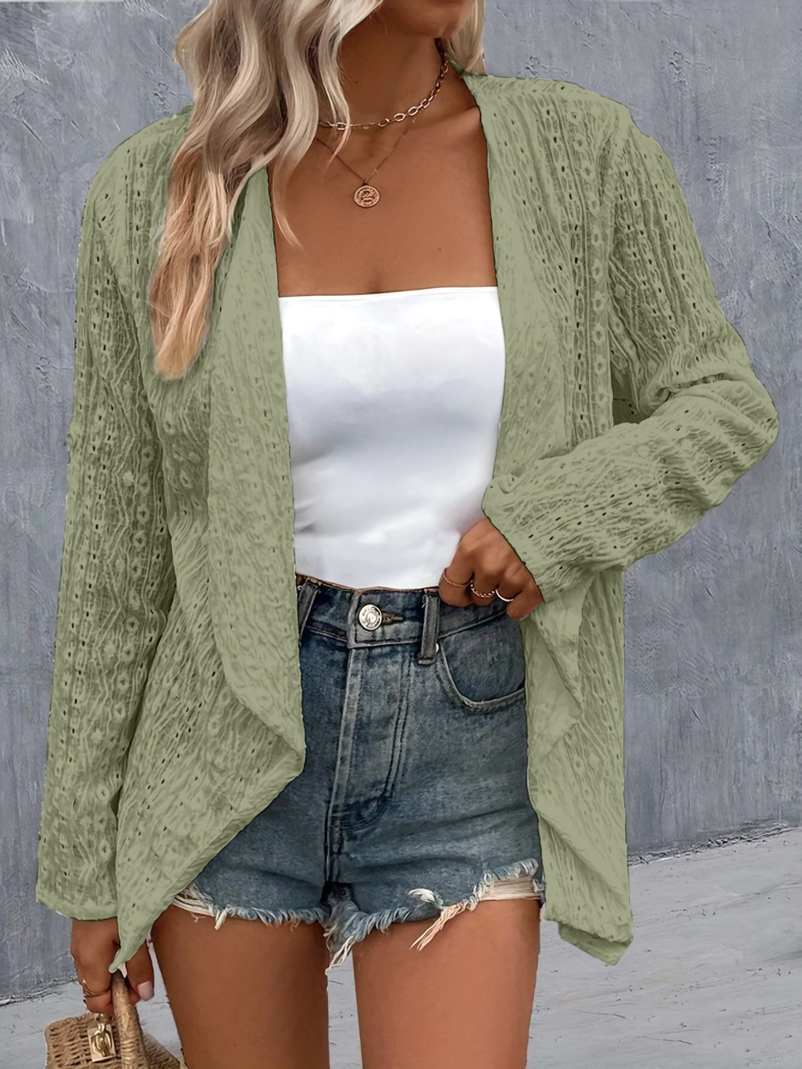 Eyelet Roll-Tab Sleeve Cardigan Trendsi