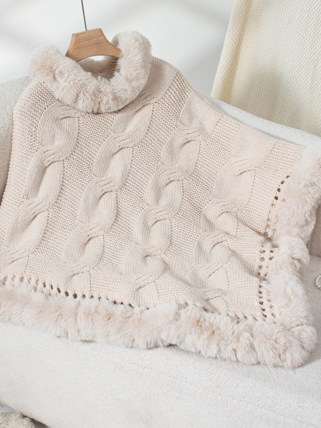 Fuzzy Hem Cable-Knit Poncho Trendsi