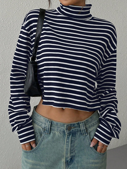 Striped Turtleneck Long Sleeve T-Shirt Trendsi