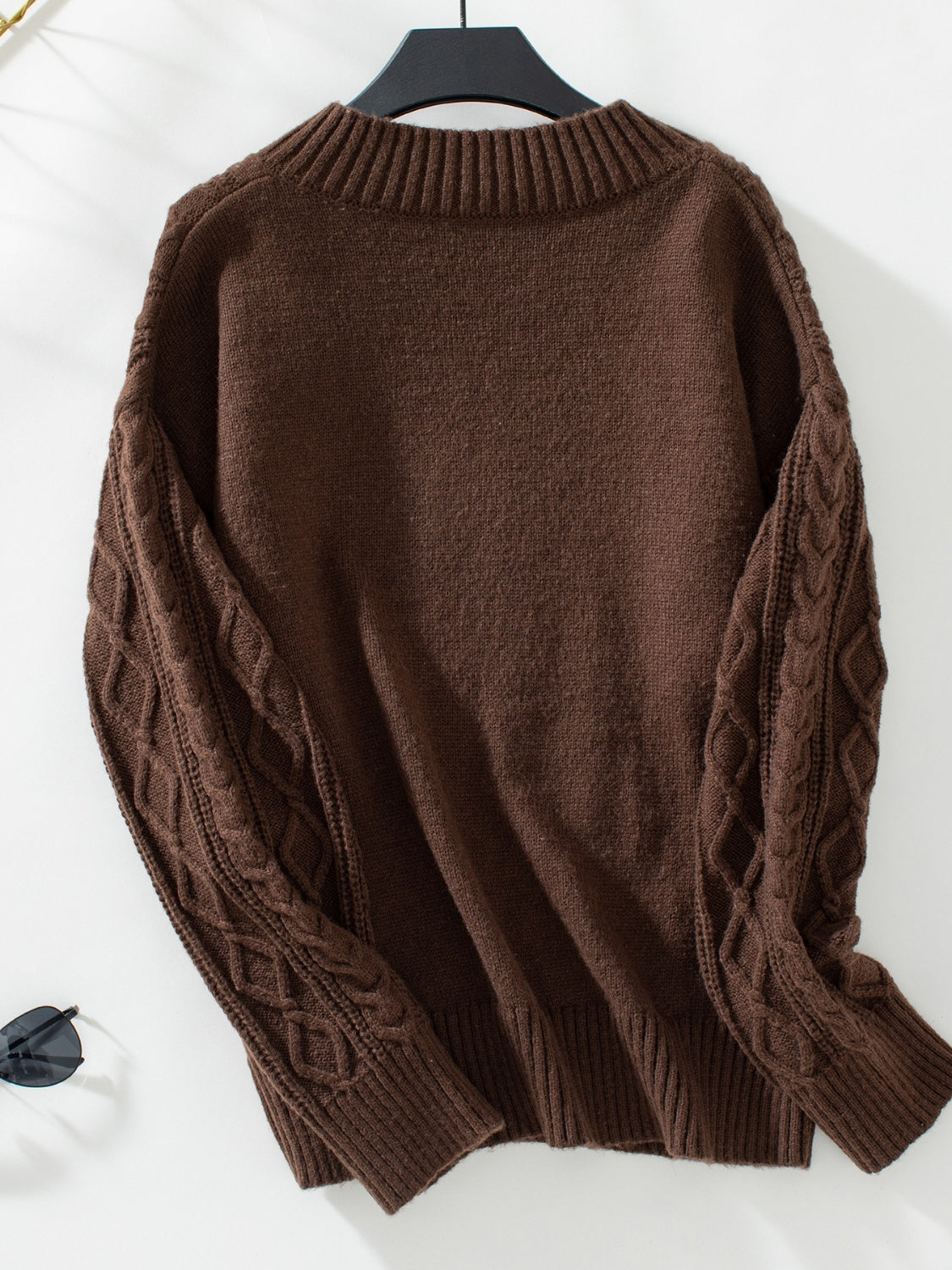 Cable-Knit Notched Long Sleeve Sweater Trendsi