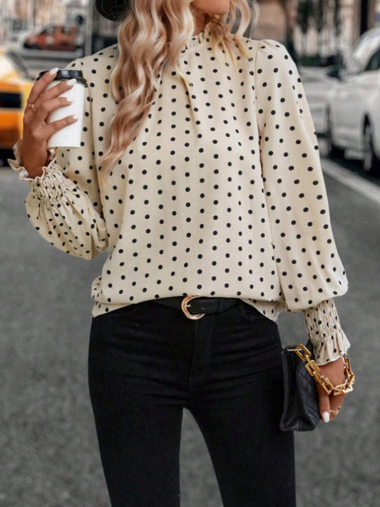 Polka Dot Mock Neck Long Sleeve Blouse Trendsi