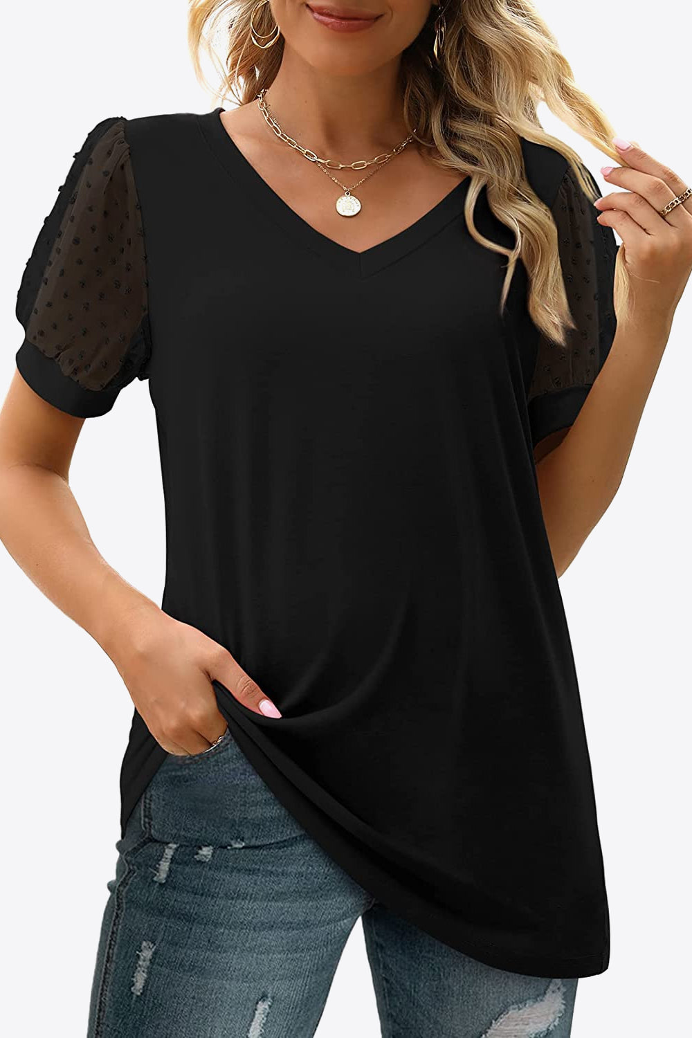 Swiss Dot Puff Sleeve V-Neck Tee Trendsi