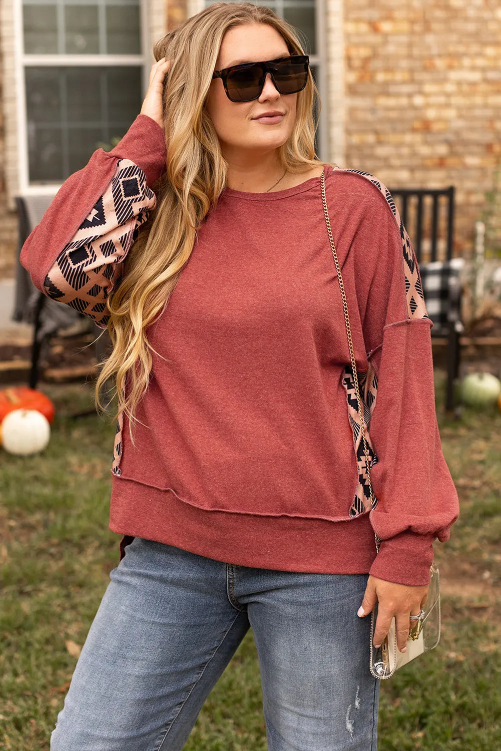 Plus Size Geometric Round Neck Long Sleeve Sweatshirt Trendsi