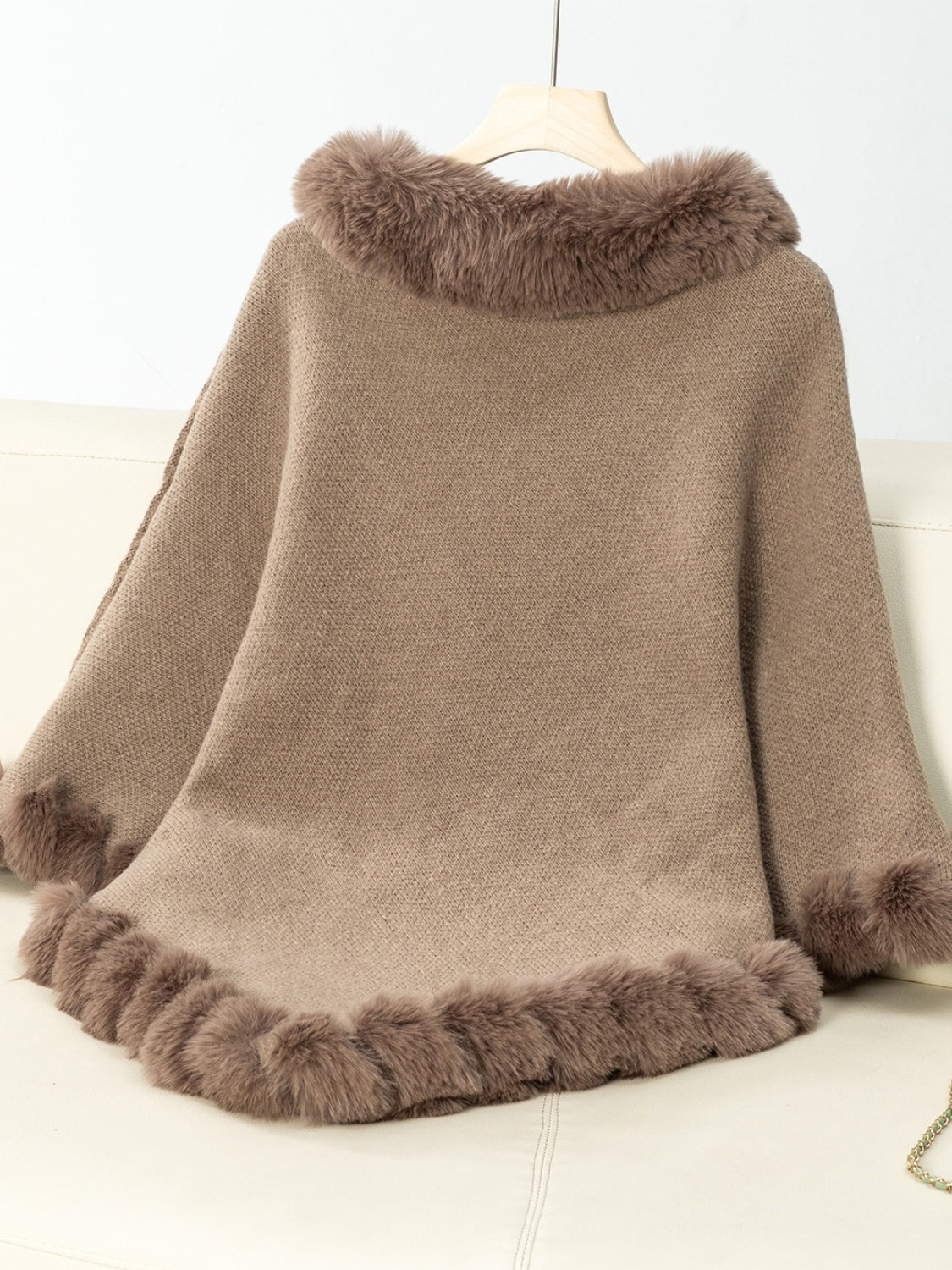 Fuzzy Trim Texture Three-Quarter Sleeve Poncho Trendsi