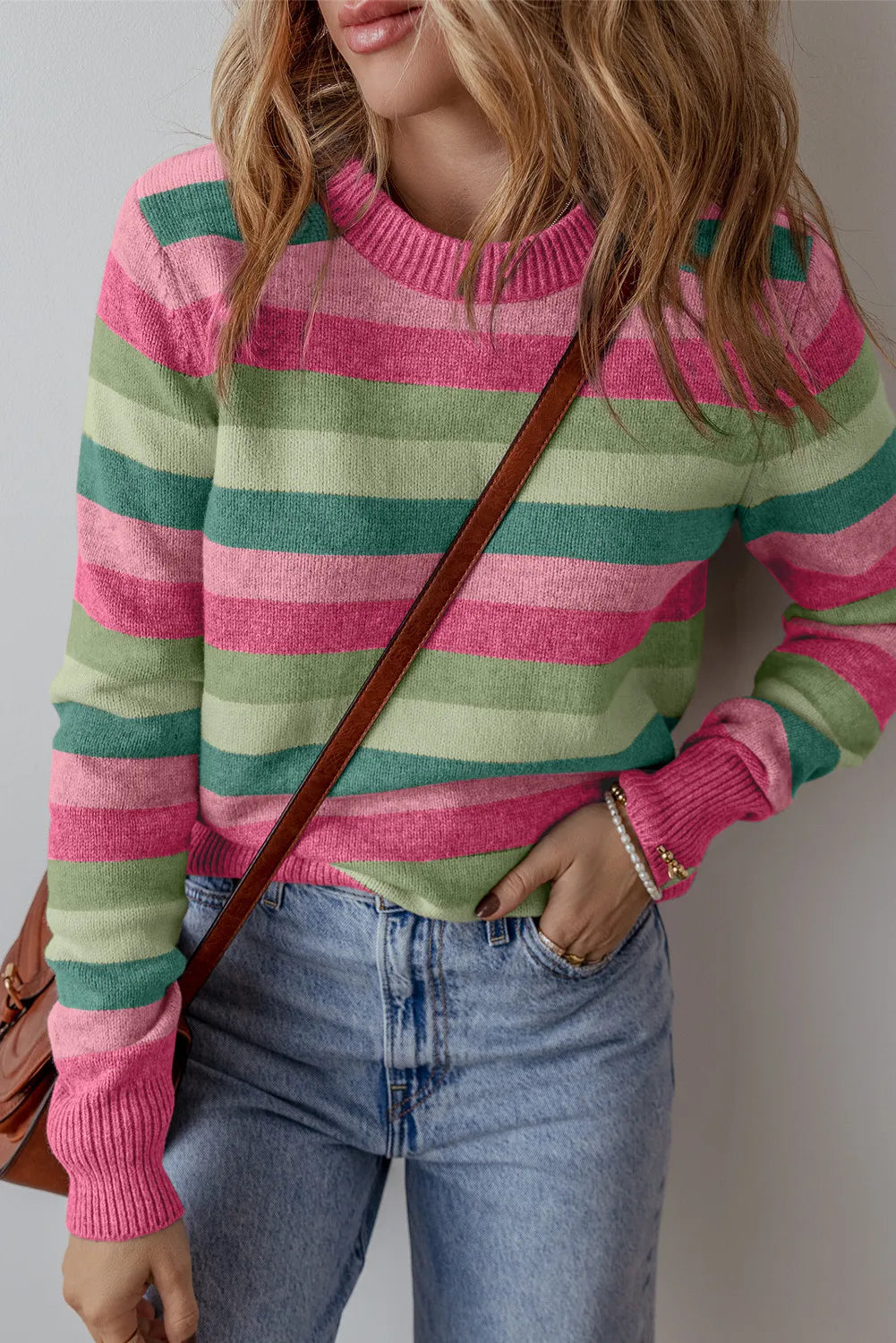 Striped Round Neck Long Sleeve Sweater Trendsi