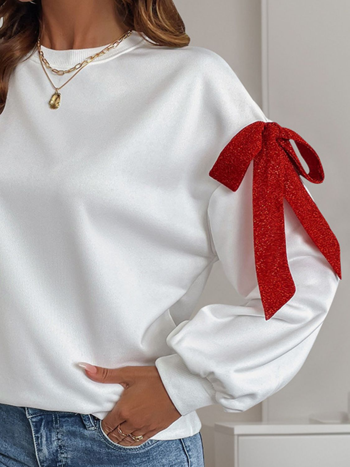 Perfee Bow Round Neck Long Sleeve Sweatshirt Trendsi