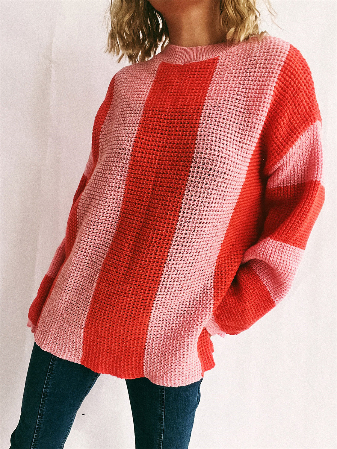 Color Block Round Neck Long Sleeve Sweater Trendsi