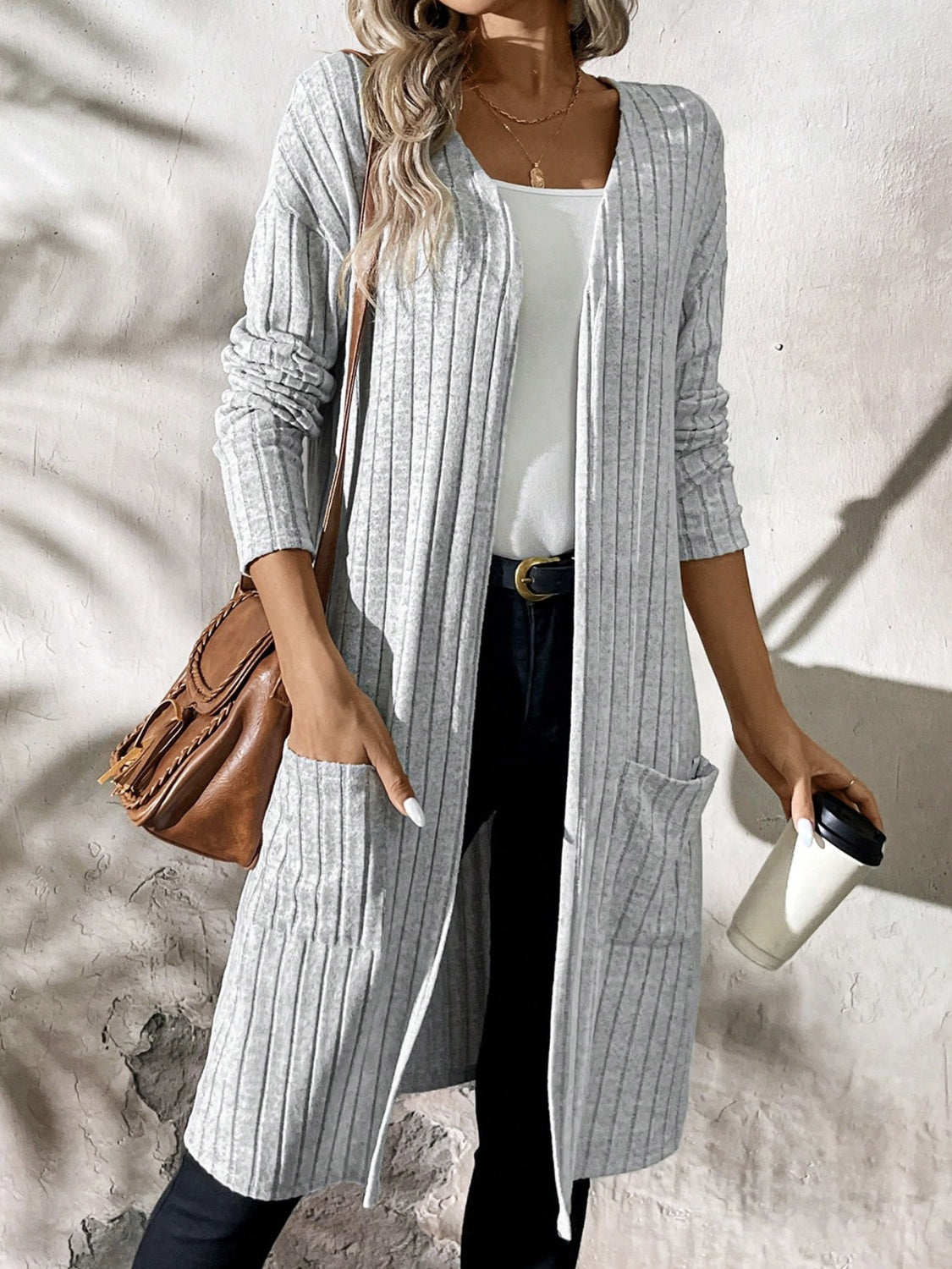 Ribbed Open Front Long Sleeve Cardigan with Pockets Trendsi