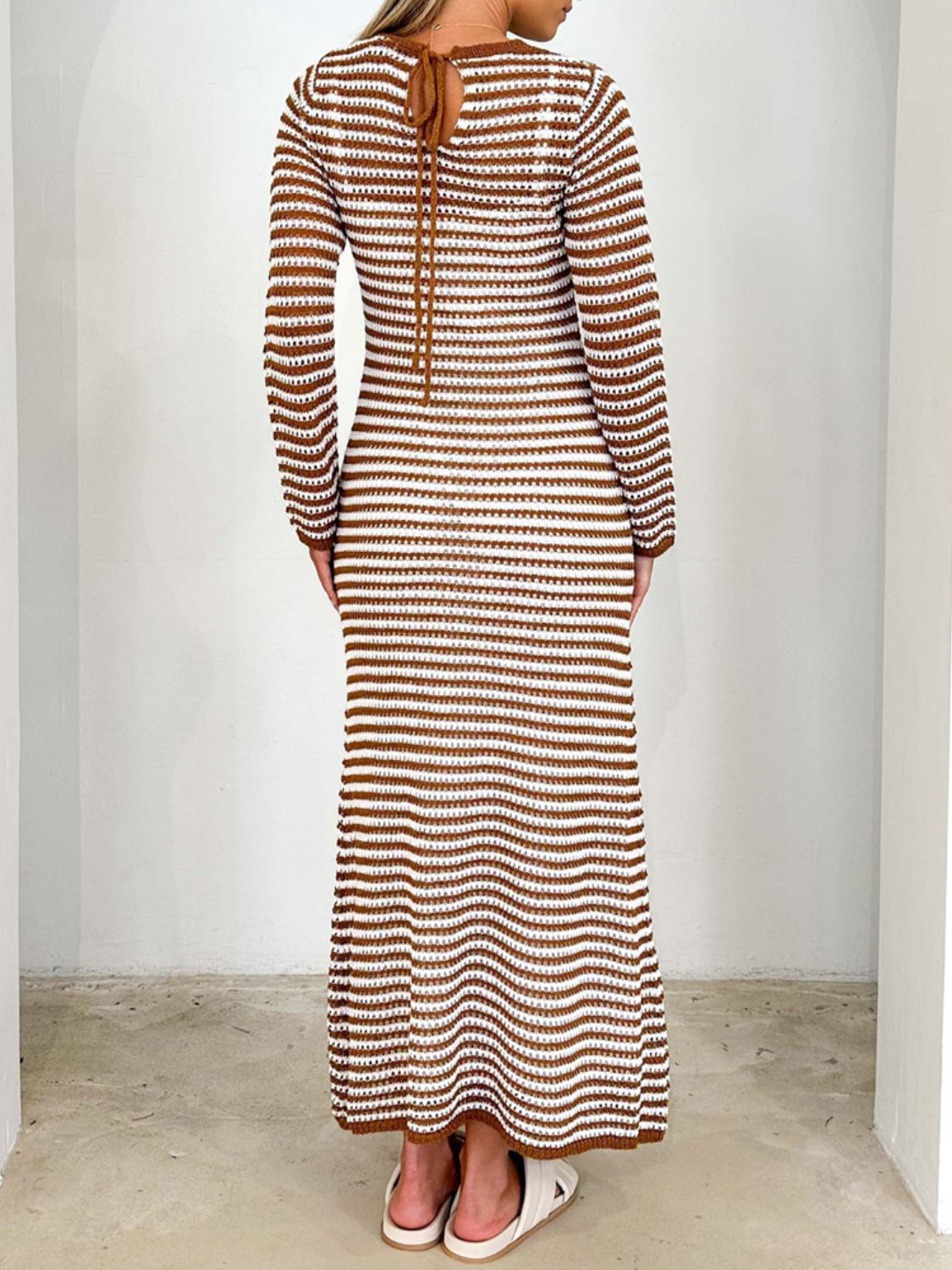 Devine Tied Round Neck Striped Sweater Dress Trendsi