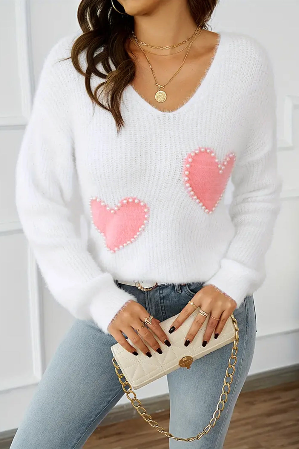 Heart V-Neck Long Sleeve Sweater Trendsi