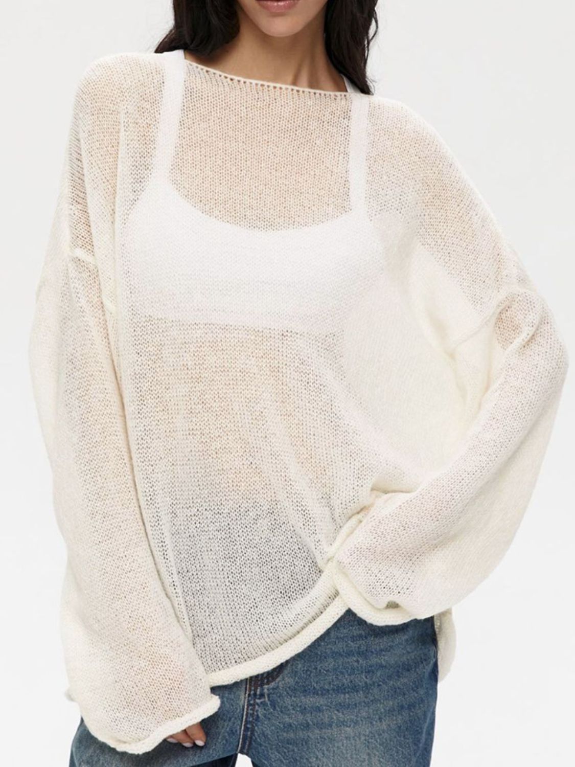 Boat Neck Long Sleeve Knit Cover Up Trendsi