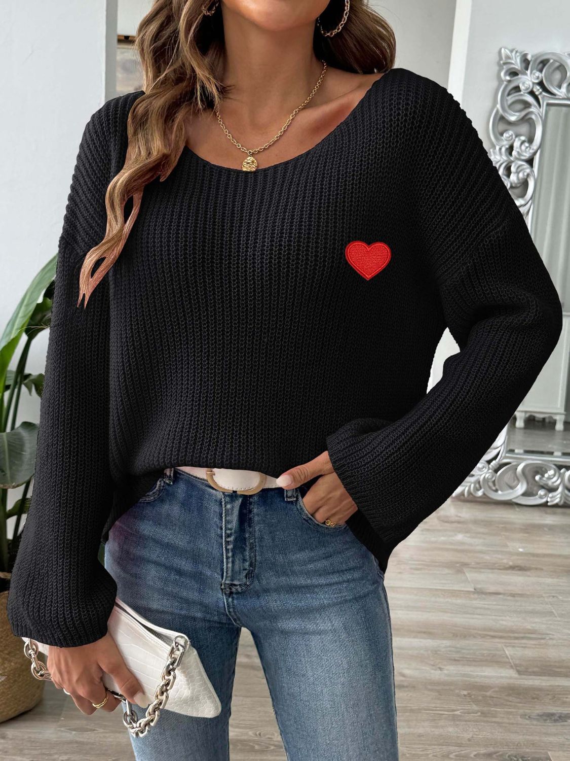 Heart Boat Neck Dropped Shoulder Sweater Trendsi