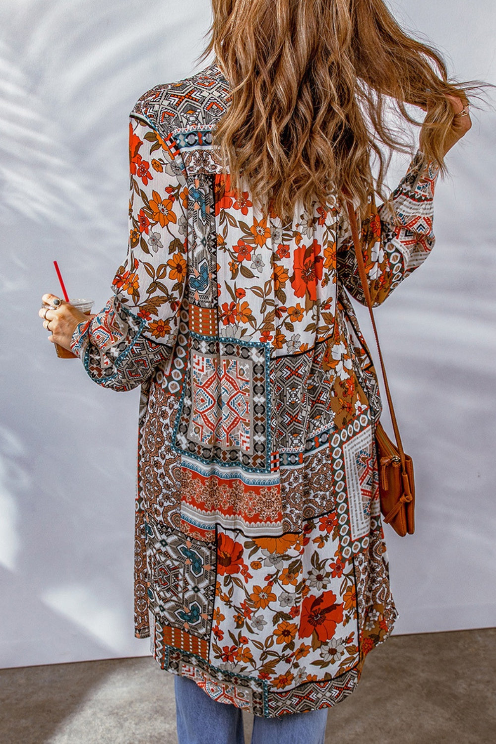 Printed Button Up Long Sleeve Cardigan Trendsi