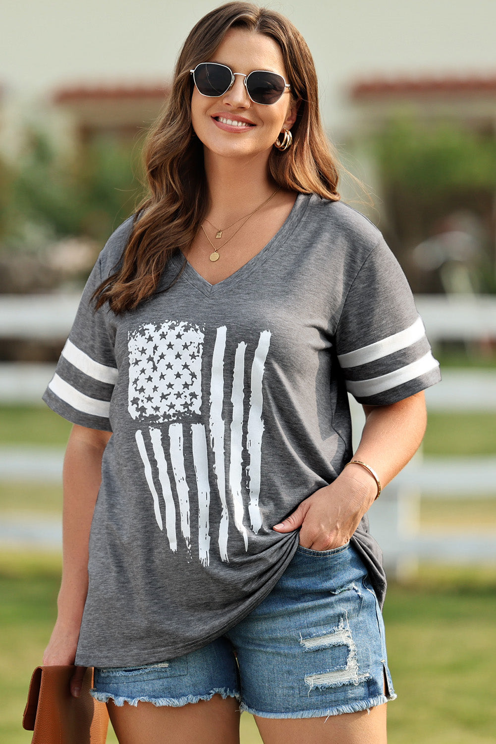 Plus Size US Flag Graphic V-Neck Tee Trendsi