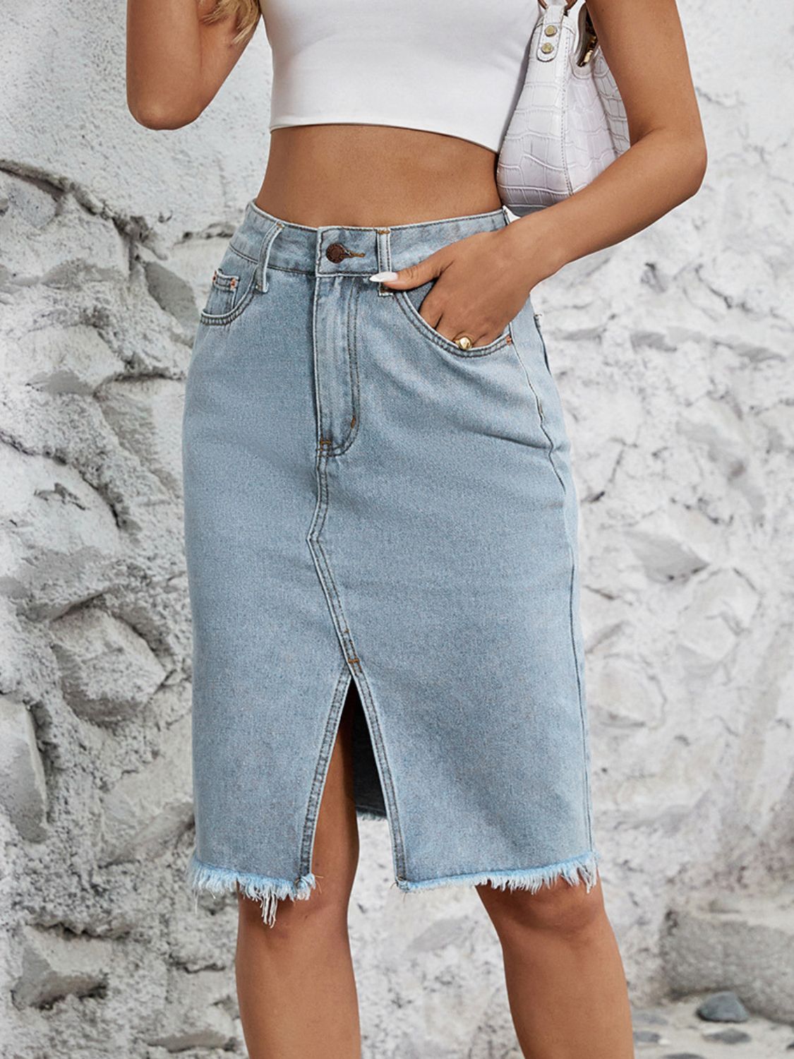 Raw Hem Slit Denim Skirt Trendsi