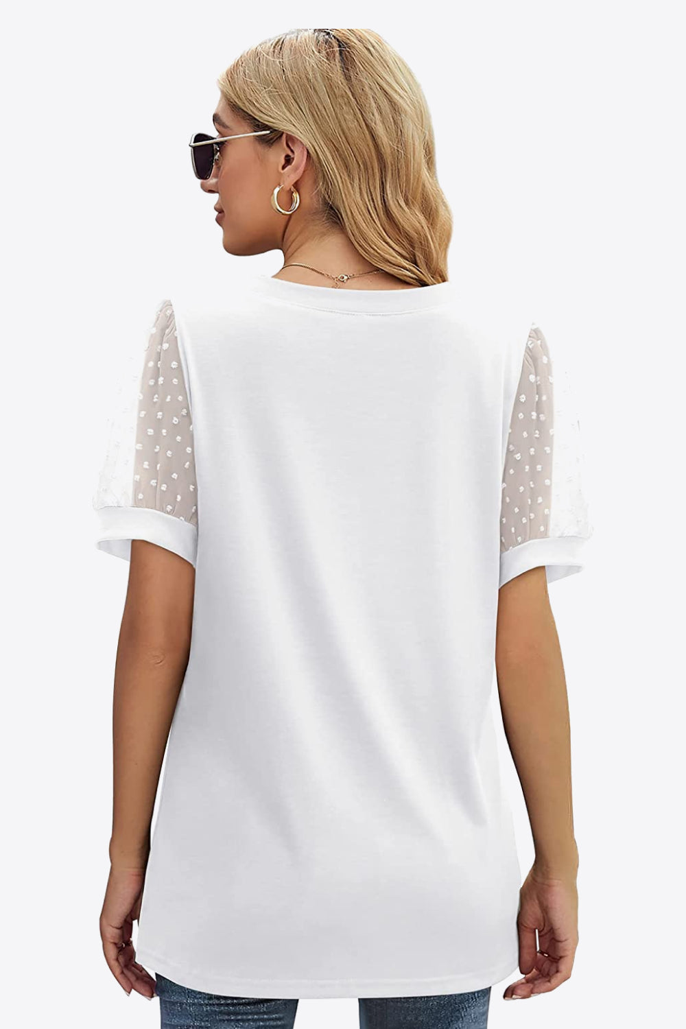 Swiss Dot Puff Sleeve V-Neck Tee Trendsi