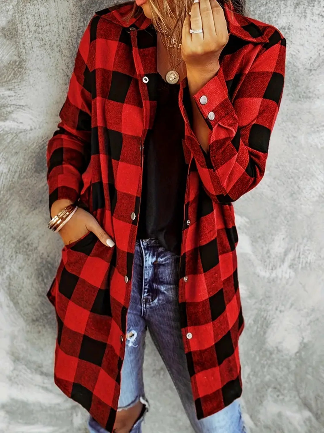 Plaid Collared Neck Snap Down Long Sleeve Jacket Trendsi