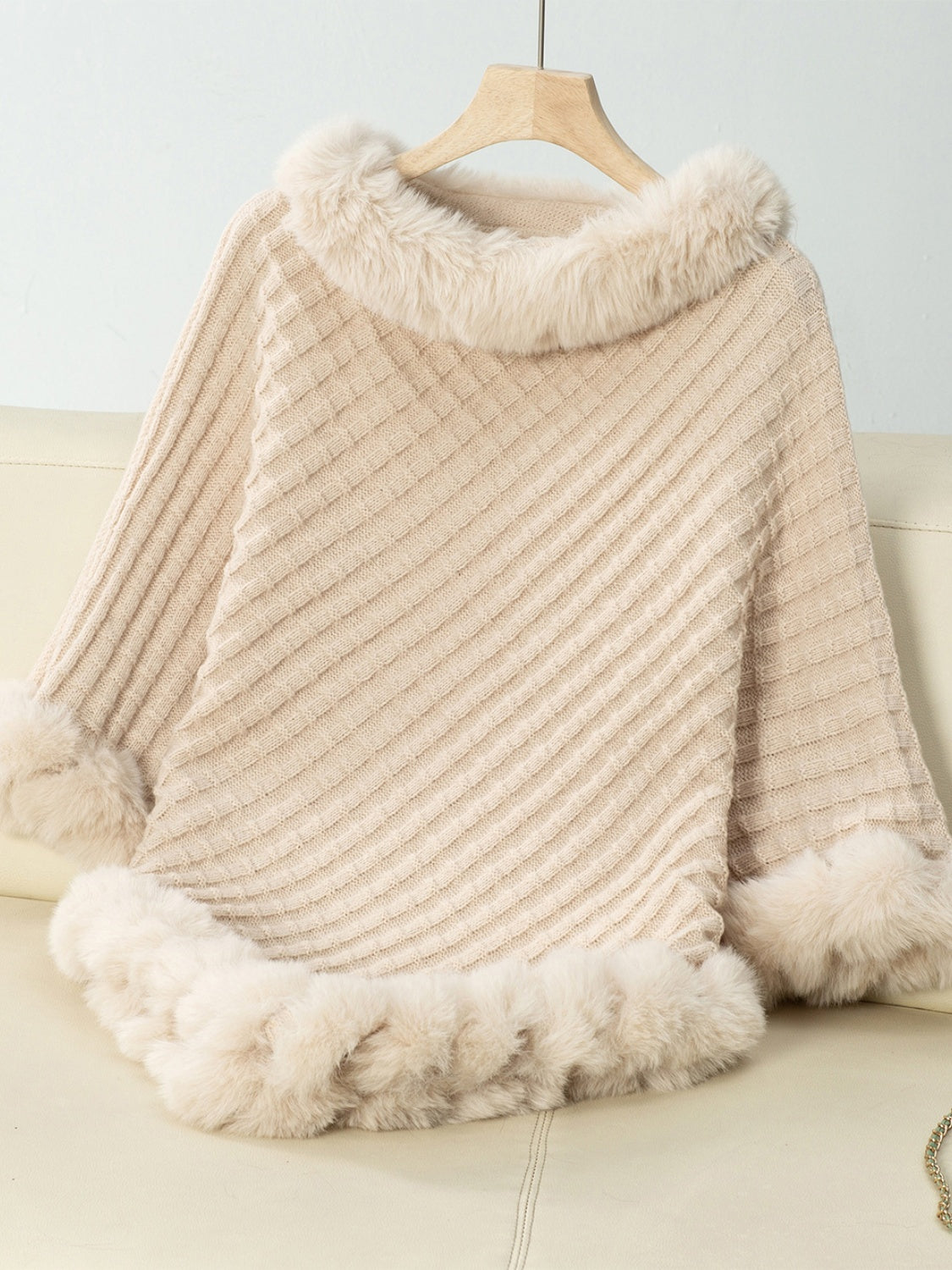 Fuzzy Trim Texture Three-Quarter Sleeve Poncho Trendsi