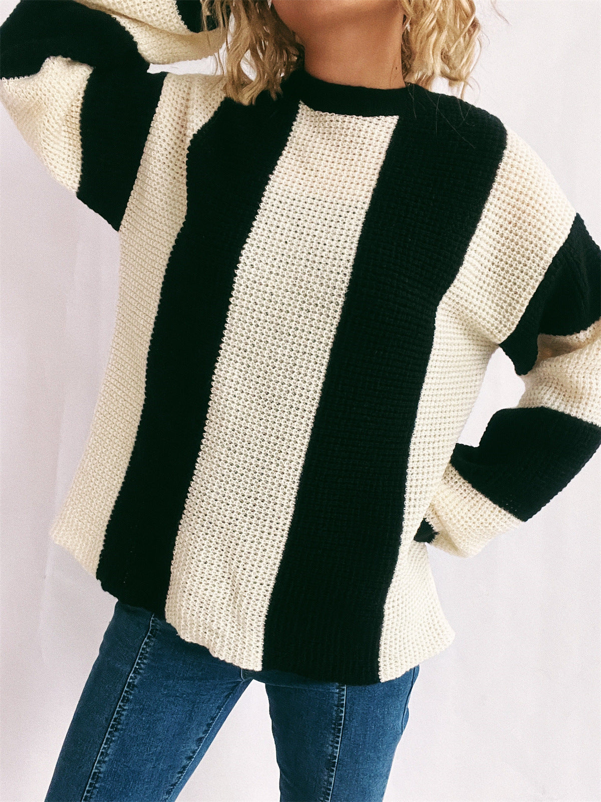 Color Block Round Neck Long Sleeve Sweater Trendsi