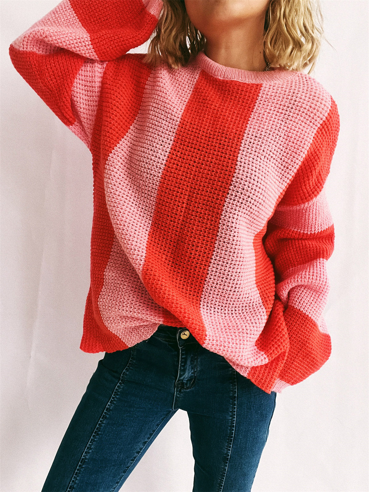 Color Block Round Neck Long Sleeve Sweater Trendsi