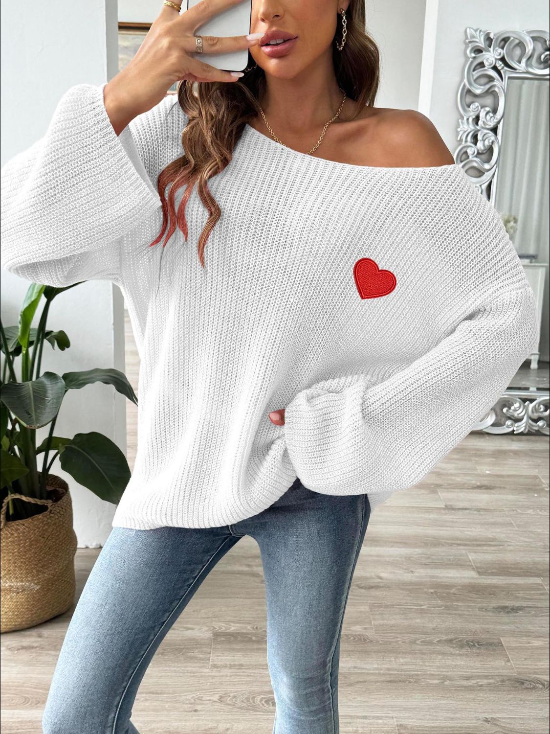 Heart Boat Neck Dropped Shoulder Sweater Trendsi