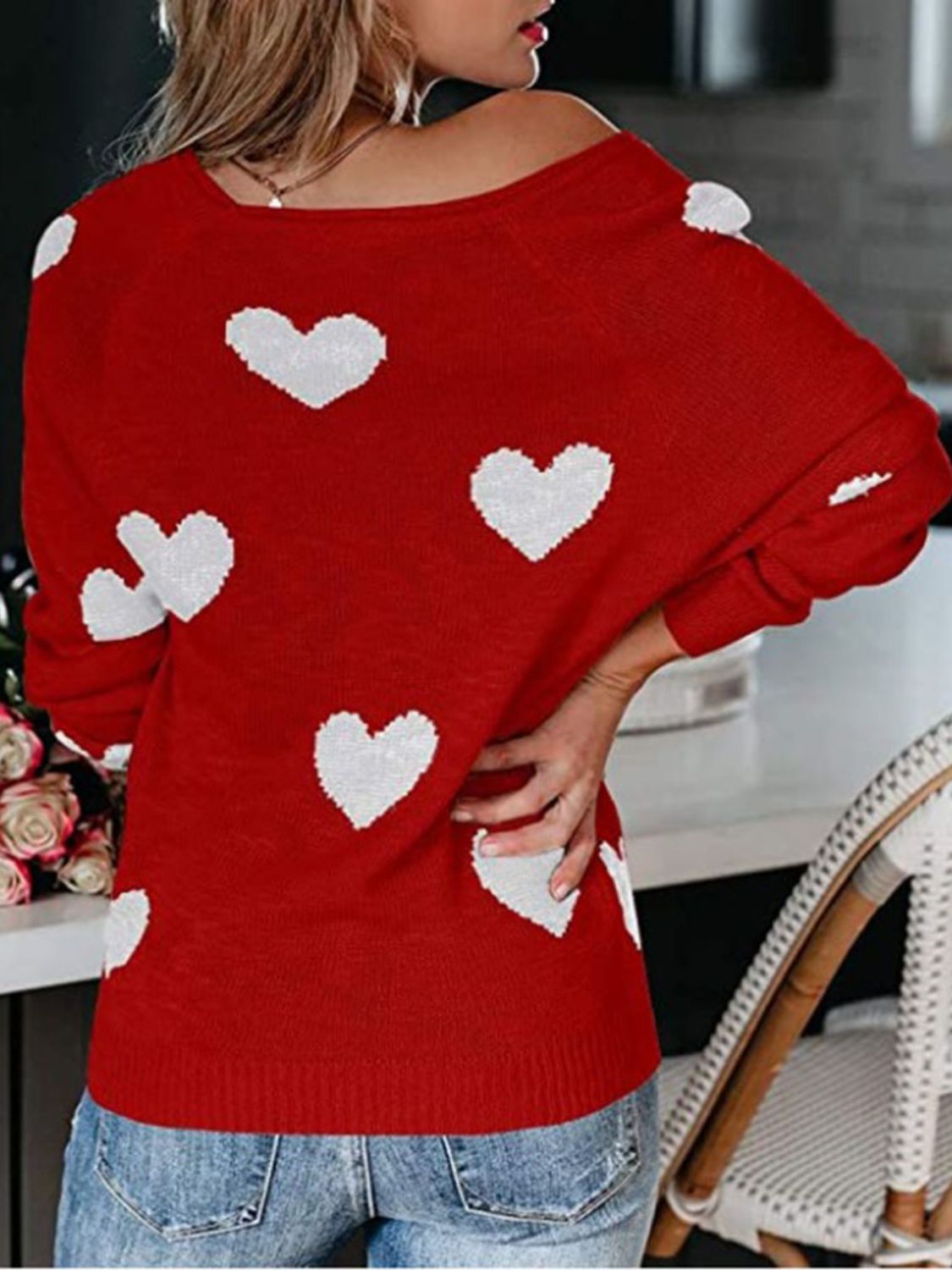 Heart Scoop Neck Long Sleeve Sweater Trendsi