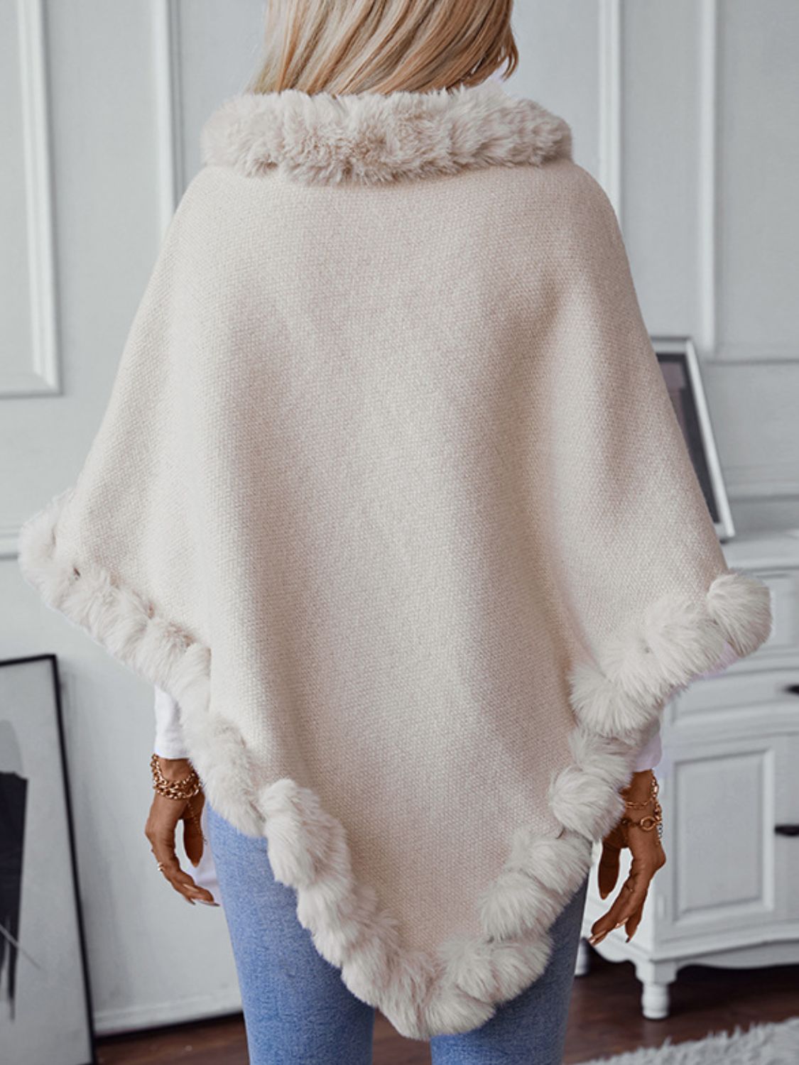 Fuzzy Trim Texture Three-Quarter Sleeve Poncho Trendsi