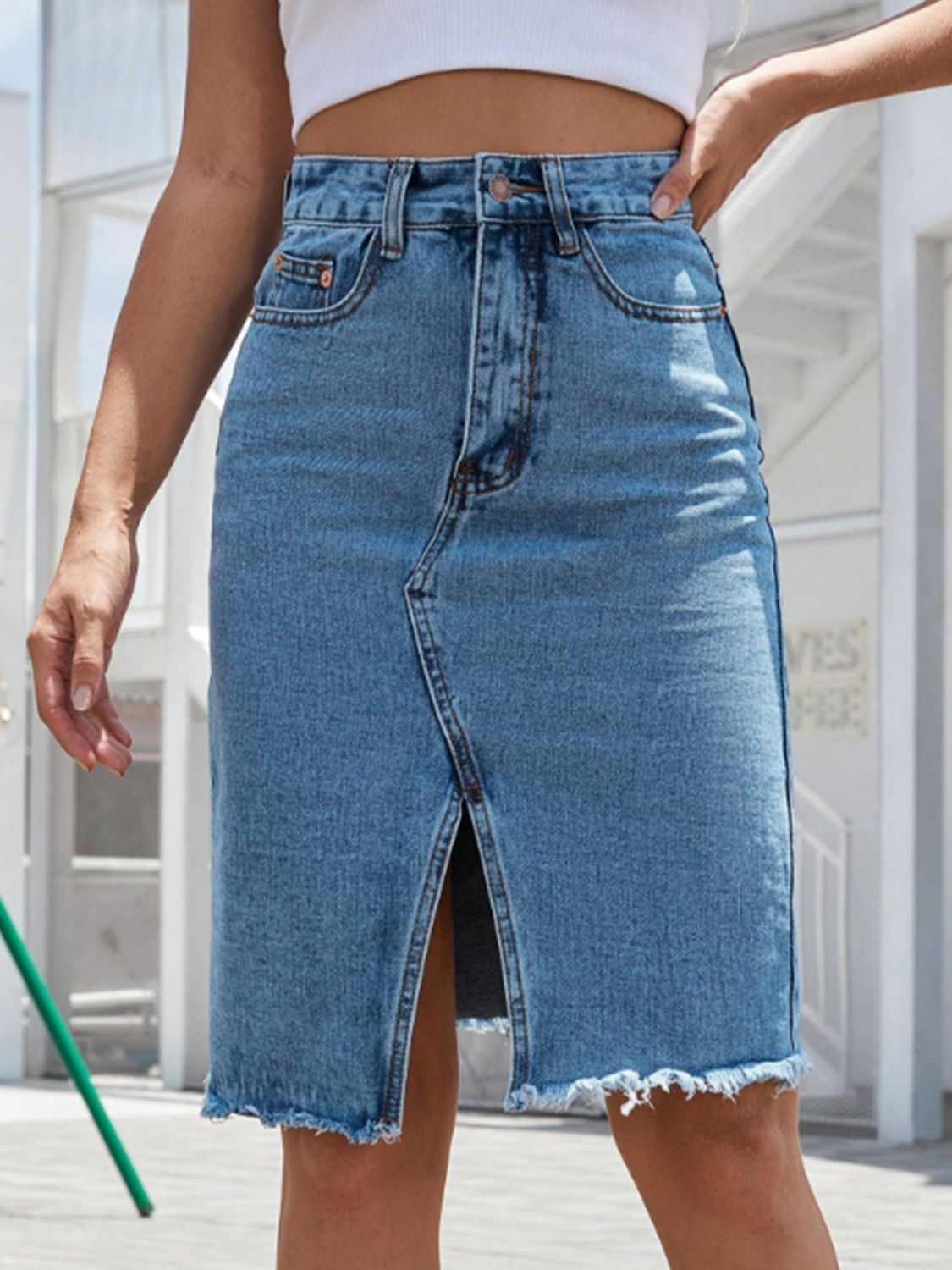 Raw Hem Slit Denim Skirt Trendsi