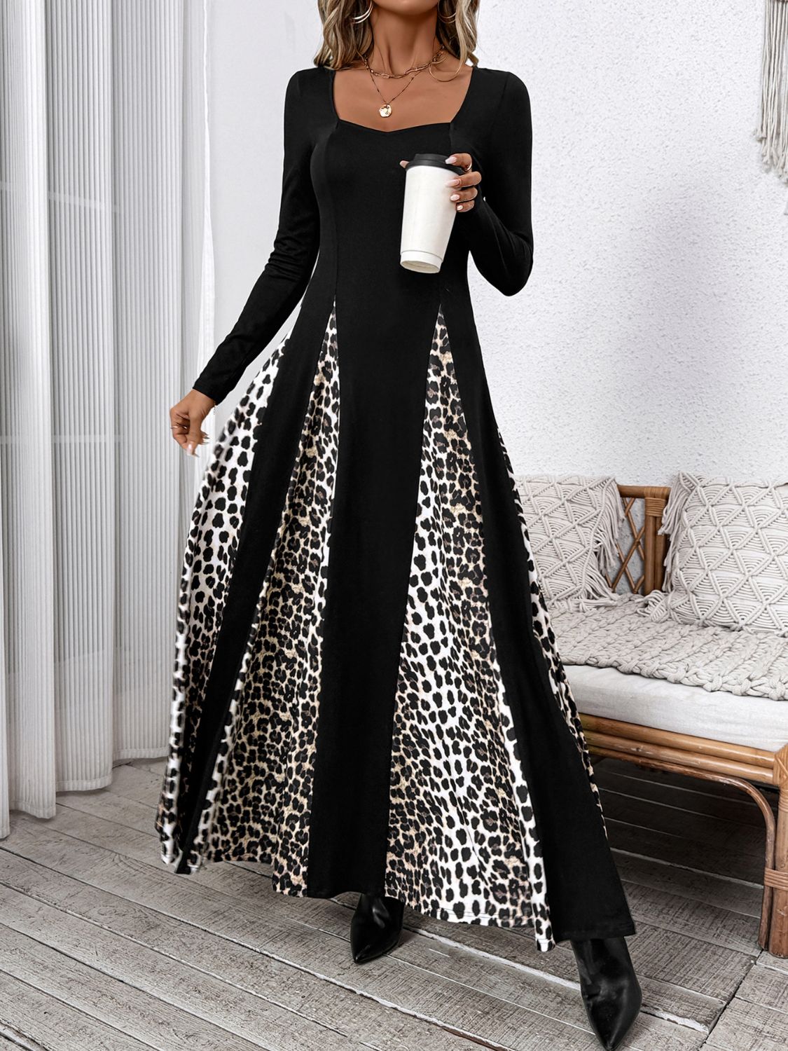 Perfee Leopard Square Neck Long Sleeve Maxi Dress Trendsi