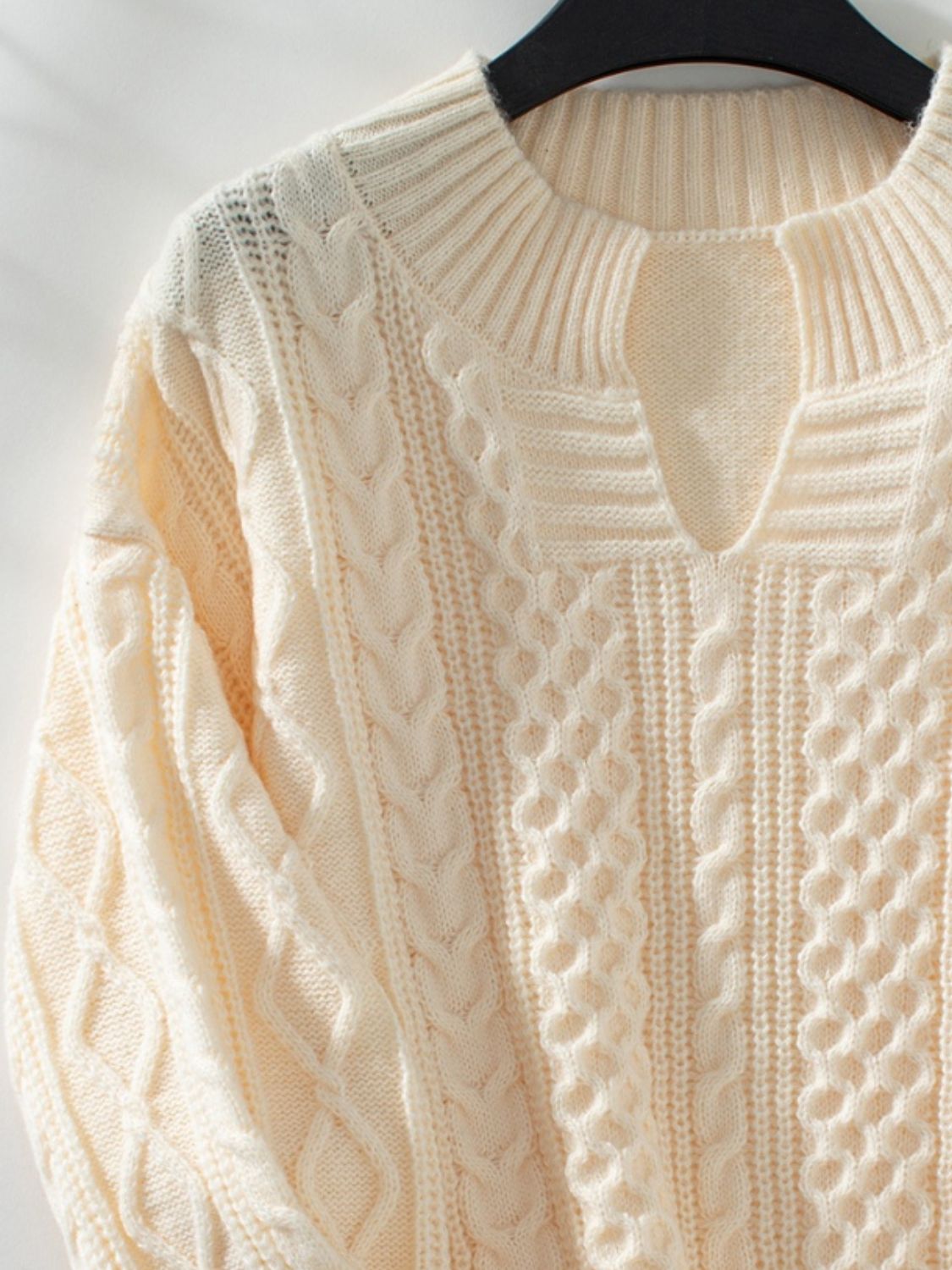 Cable-Knit Notched Long Sleeve Sweater Trendsi