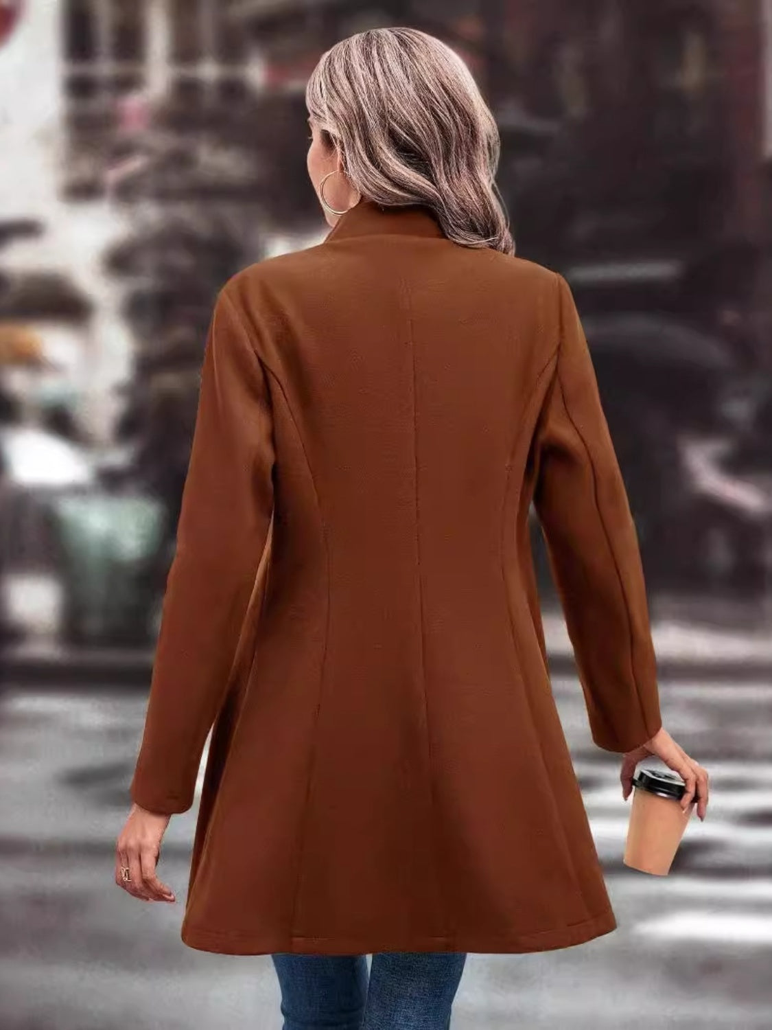 Collared Neck Long Sleeve Longline Coat Trendsi