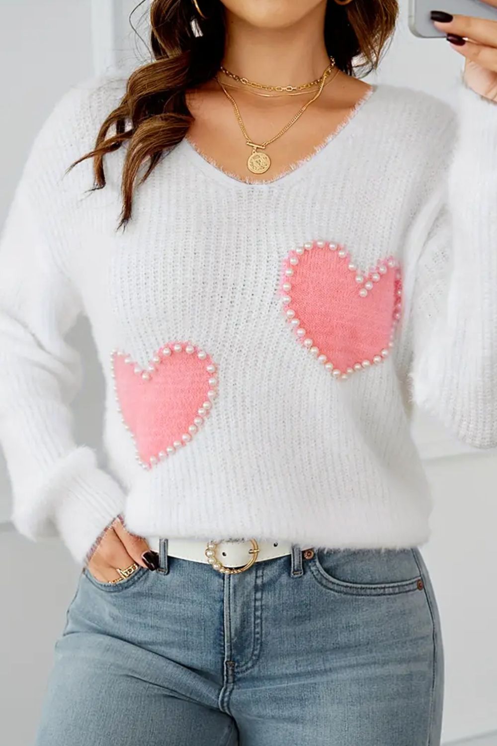 Heart V-Neck Long Sleeve Sweater Trendsi