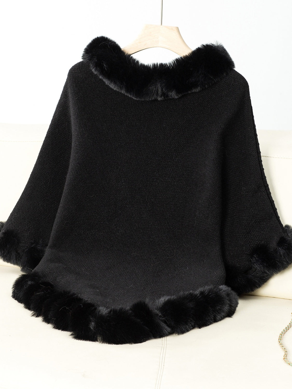 Fuzzy Trim Texture Three-Quarter Sleeve Poncho Trendsi