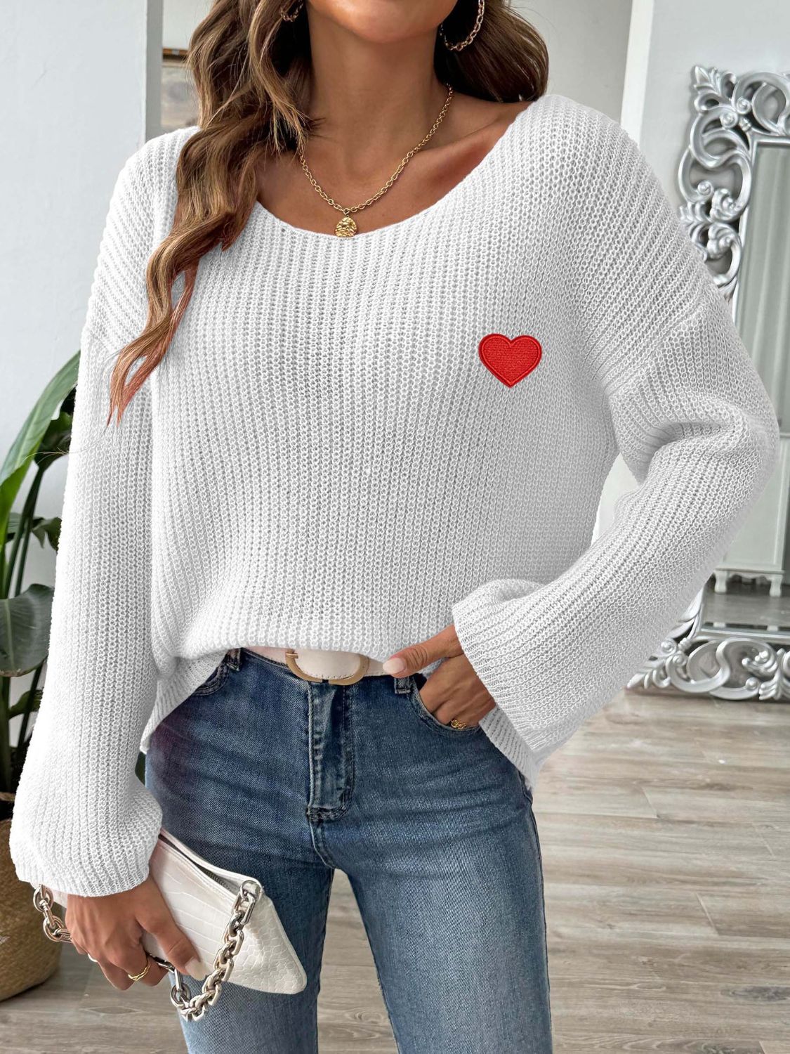 Heart Boat Neck Dropped Shoulder Sweater Trendsi