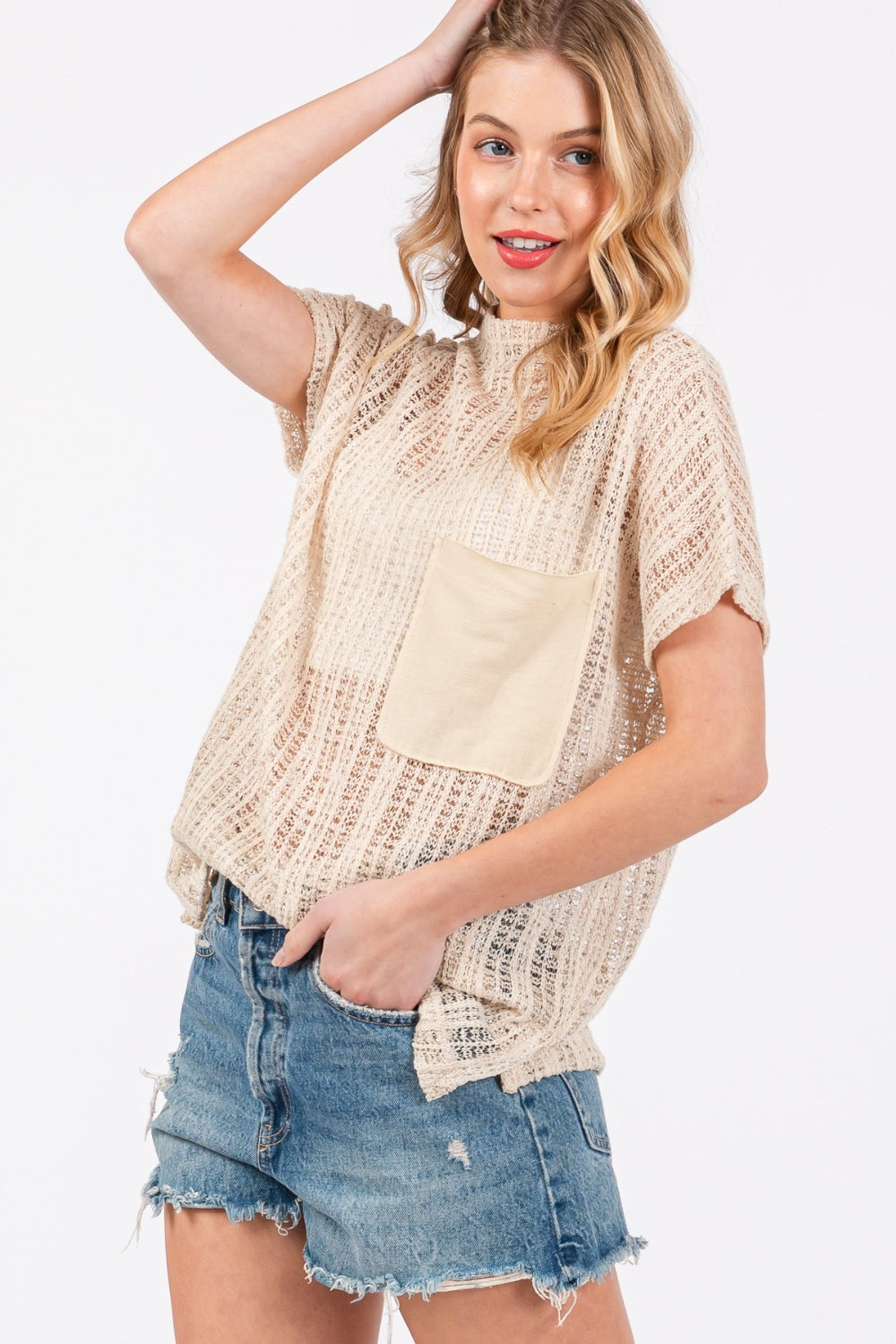 Ces Femme See Through Crochet Mock Neck Cover Up Trendsi