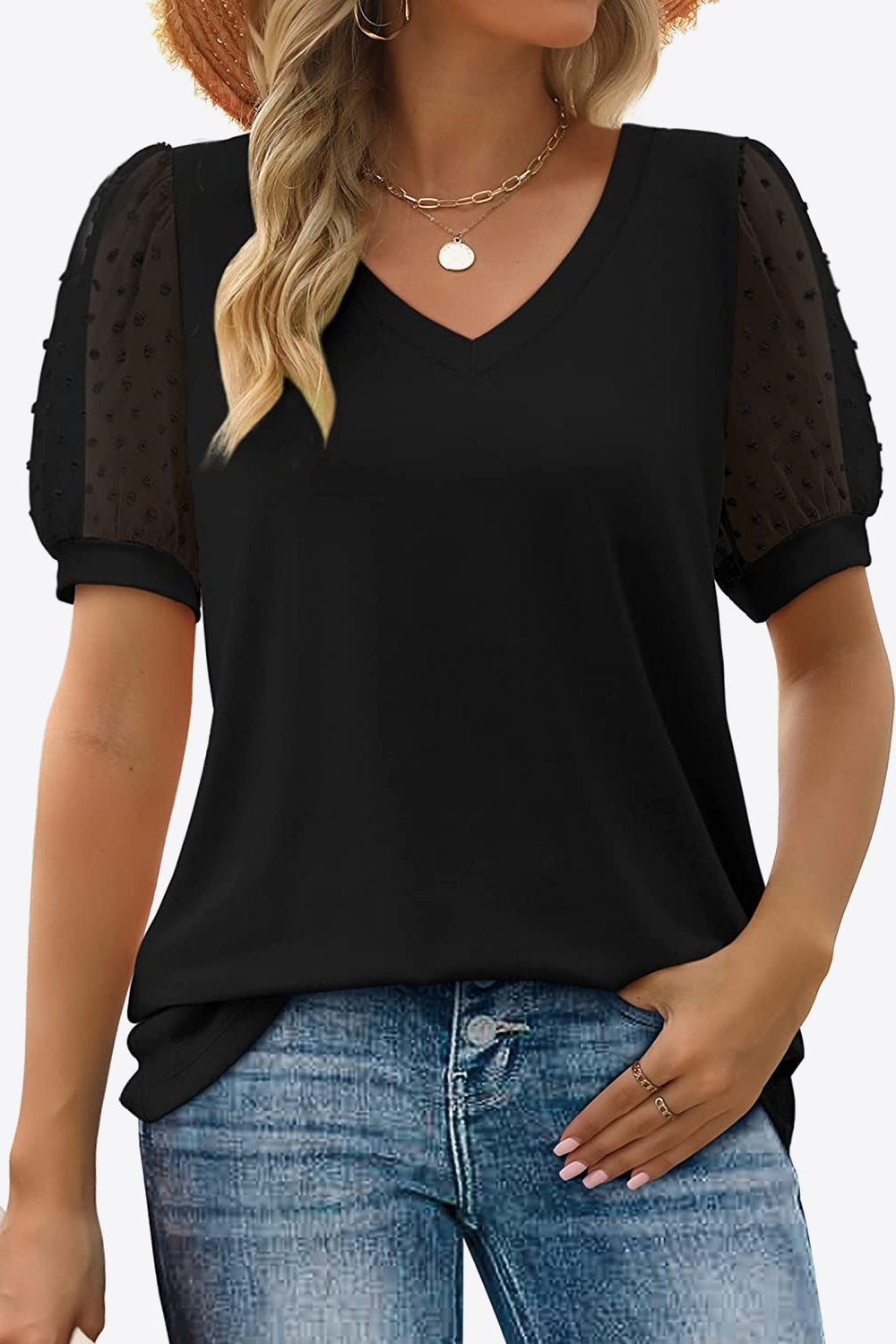 Swiss Dot Puff Sleeve V-Neck Tee Trendsi