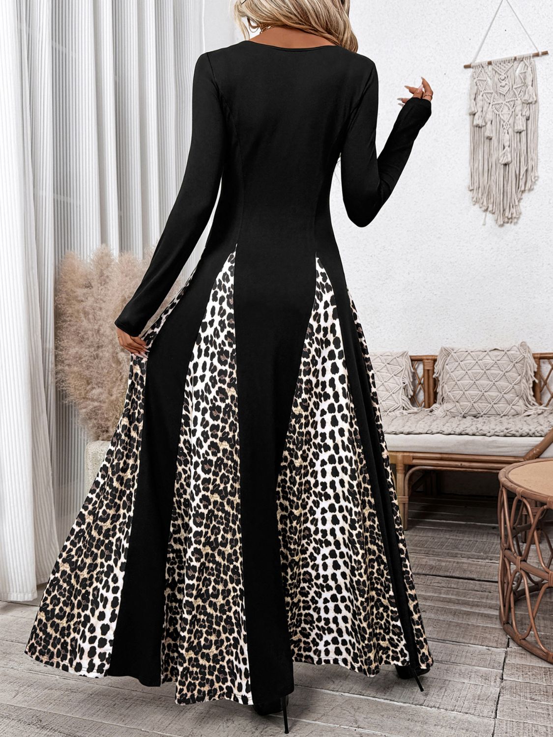 Perfee Leopard Square Neck Long Sleeve Maxi Dress Trendsi