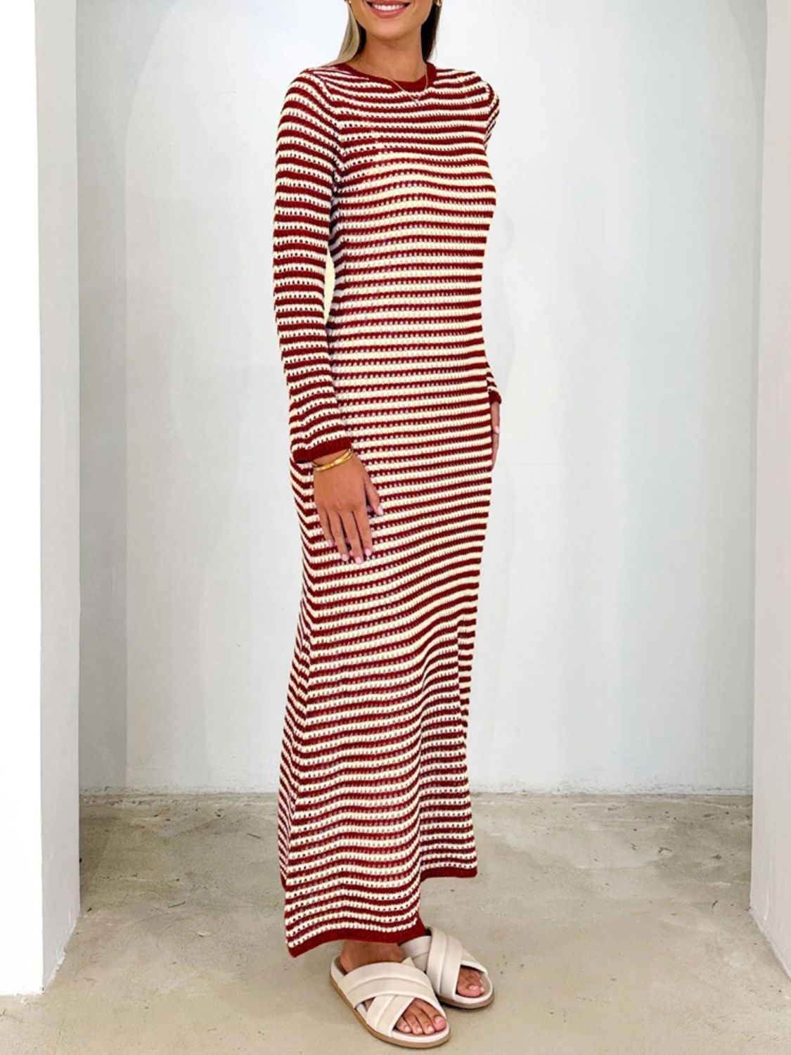 Devine Tied Round Neck Striped Sweater Dress Trendsi